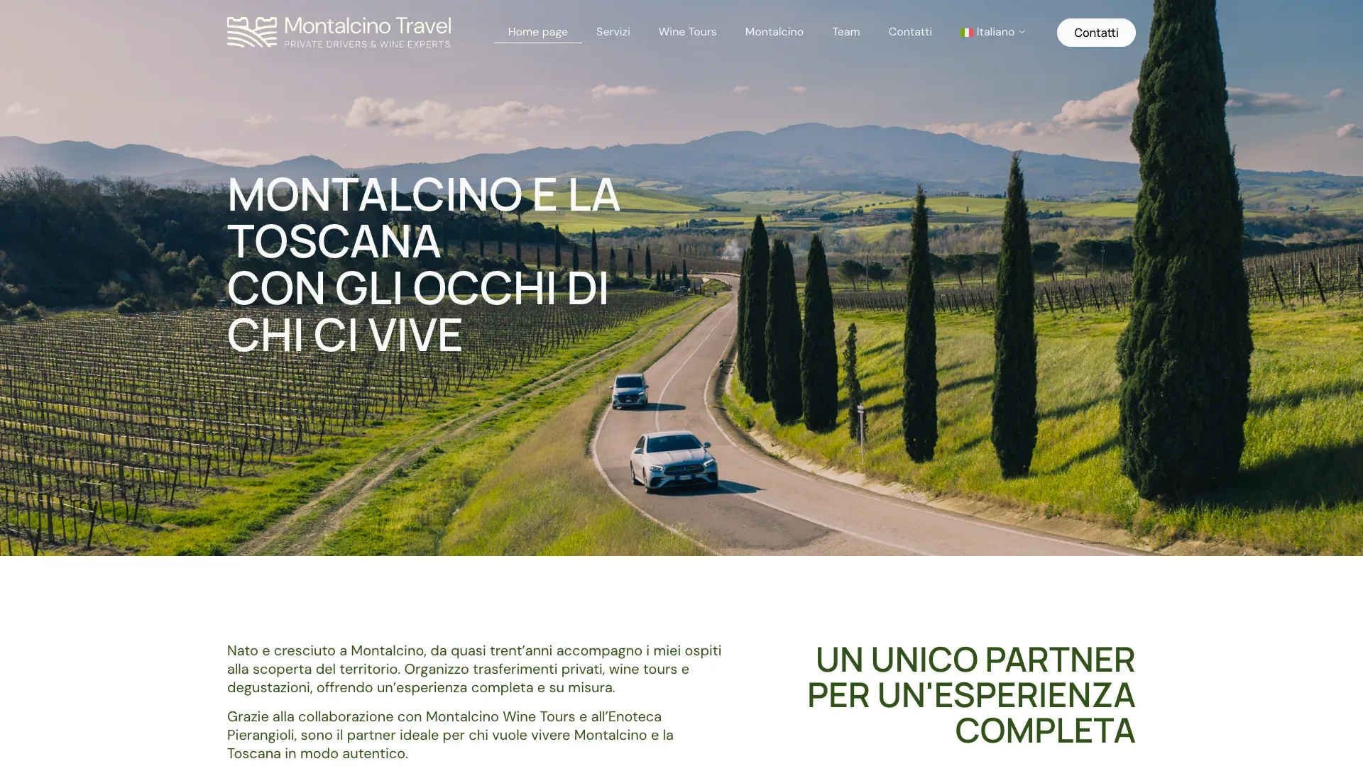 Home page del sito Montalcino Travel con un'auto Mercedes su una strada tra vigneti e cipressi