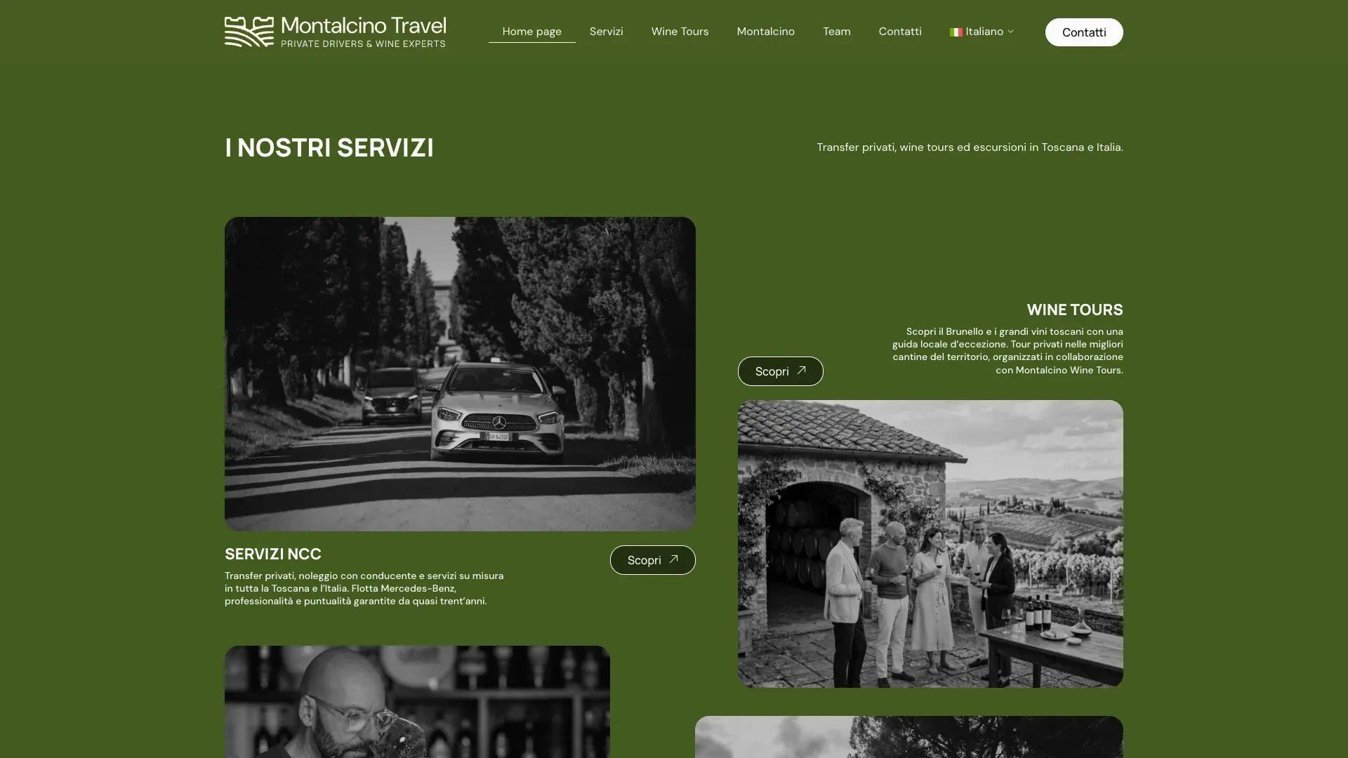 Sezione dei servizi nella home del sito Montalcino Travel, con le schede NCC e wine tours
