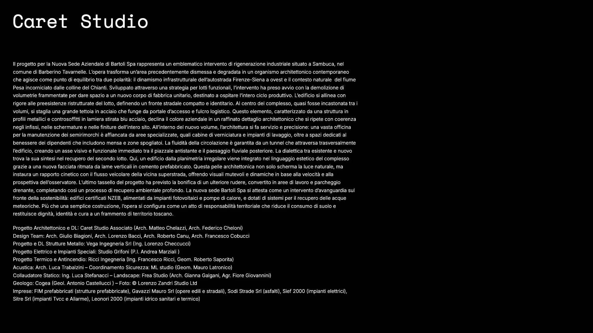 Slide con la descrizione e i crediti del progetto Sede Aziendale Bartoli Spa nel sito Caret Studio