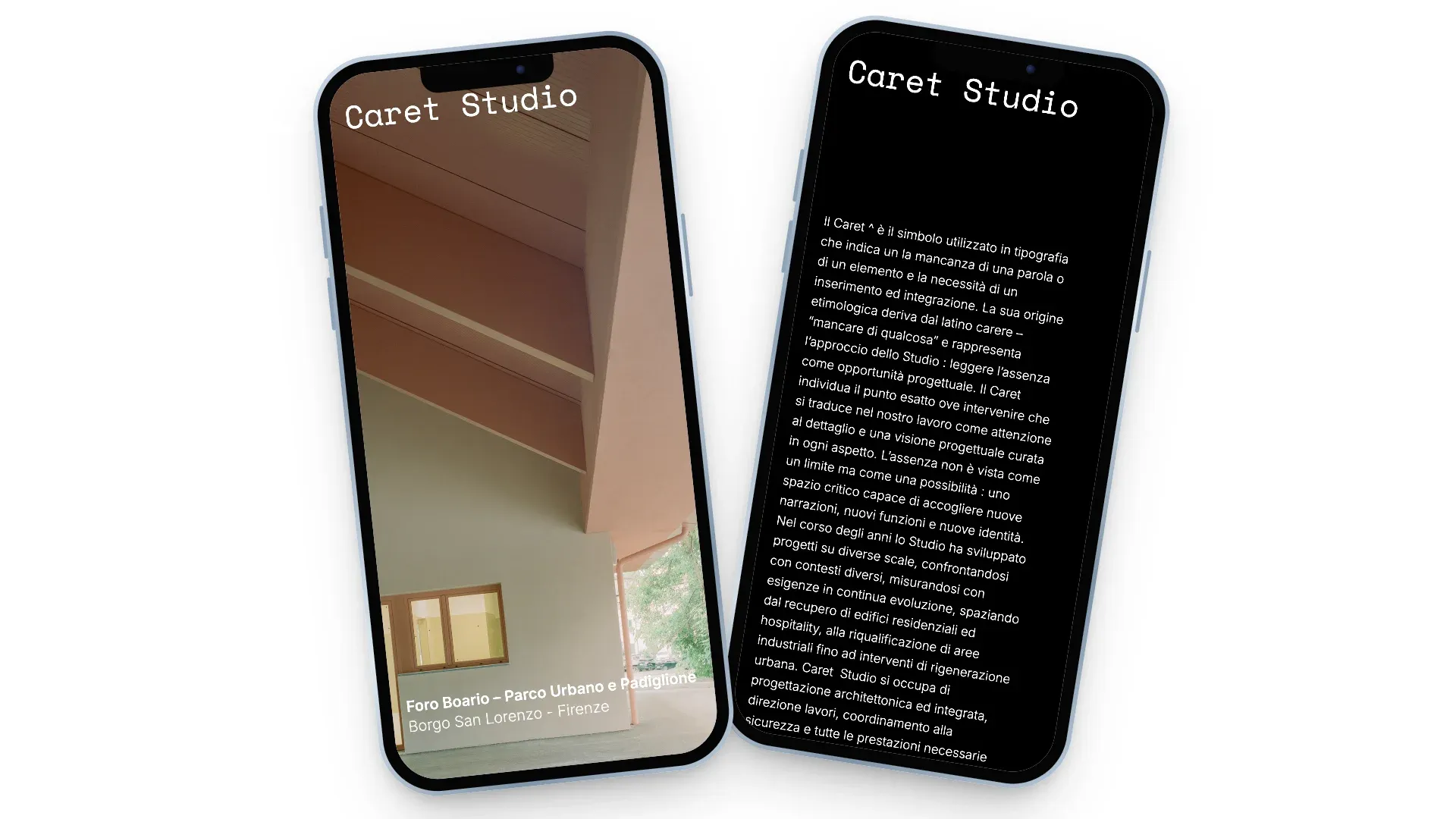Versione mobile del sito Caret Studio con il progetto Foro Boario e la presentazione dello studio
