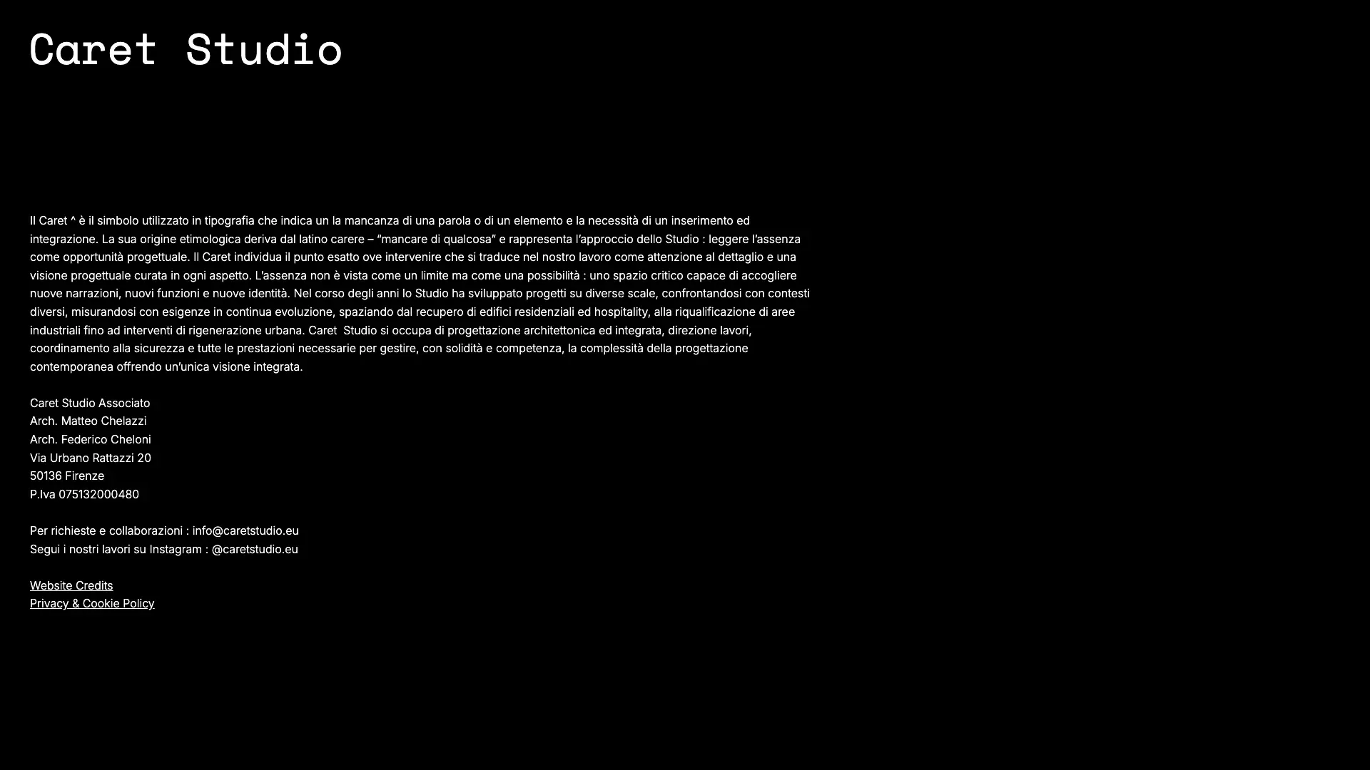 Sezione finale del sito Caret Studio con la presentazione dello studio e i contatti