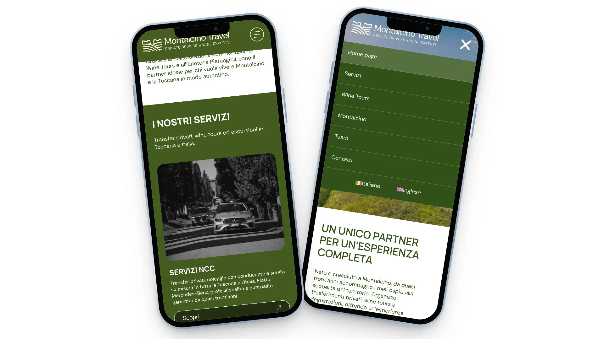 Versione mobile del sito Montalcino Travel con la sezione dei servizi e il menu aperto